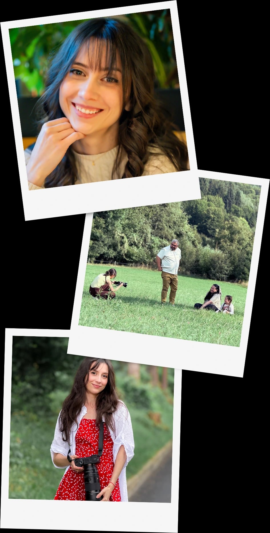 Trei fotografii tip polaroid: portretul Daianei zâmbind, Daiana fotografiind o familie pe o pajiște și Daiana cu aparatul foto în mână